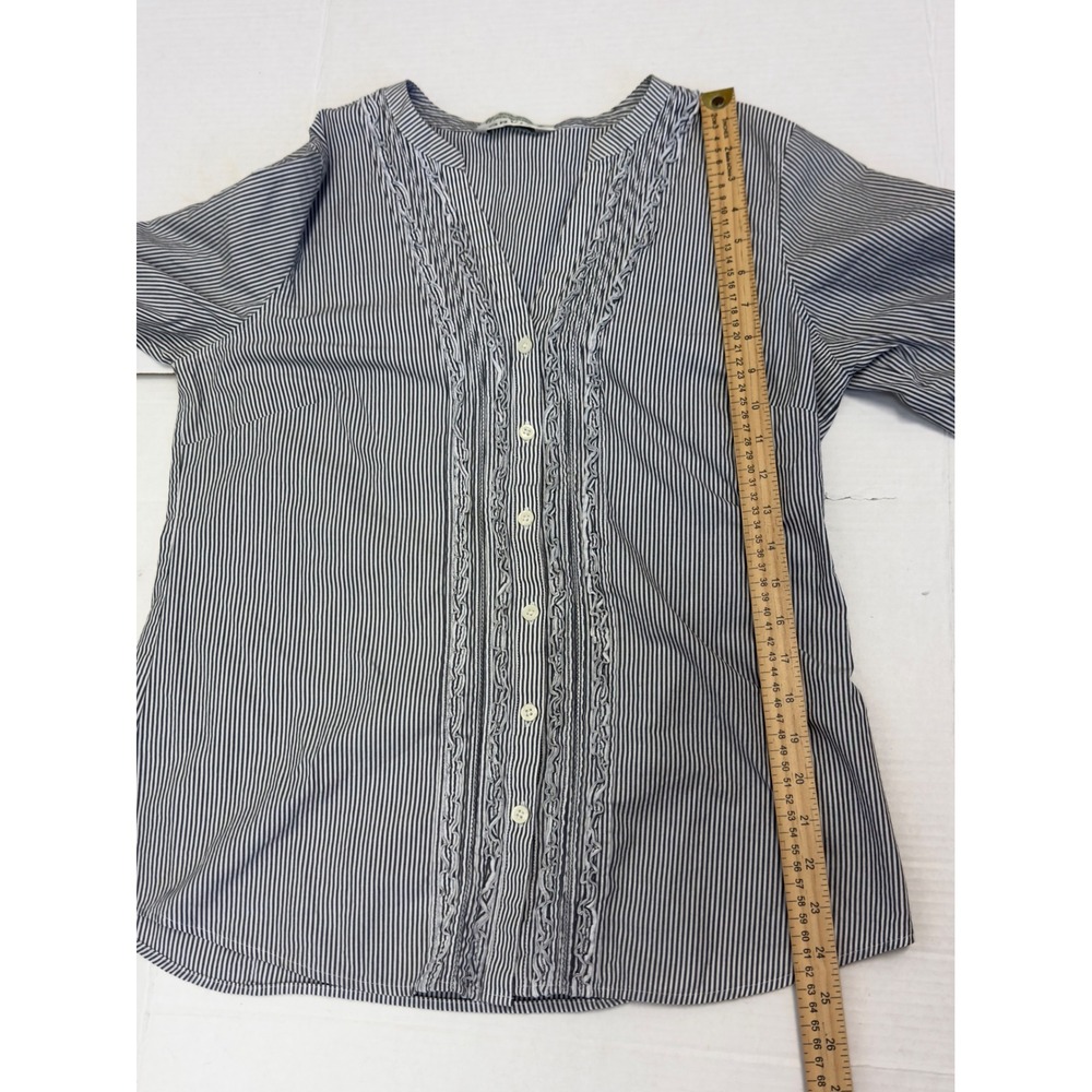 Orvis Pinstripe Ruffle Trim Button Up‎ Blouse Navy Blue White 12 Coastal Grandma - Picture 4 of 6